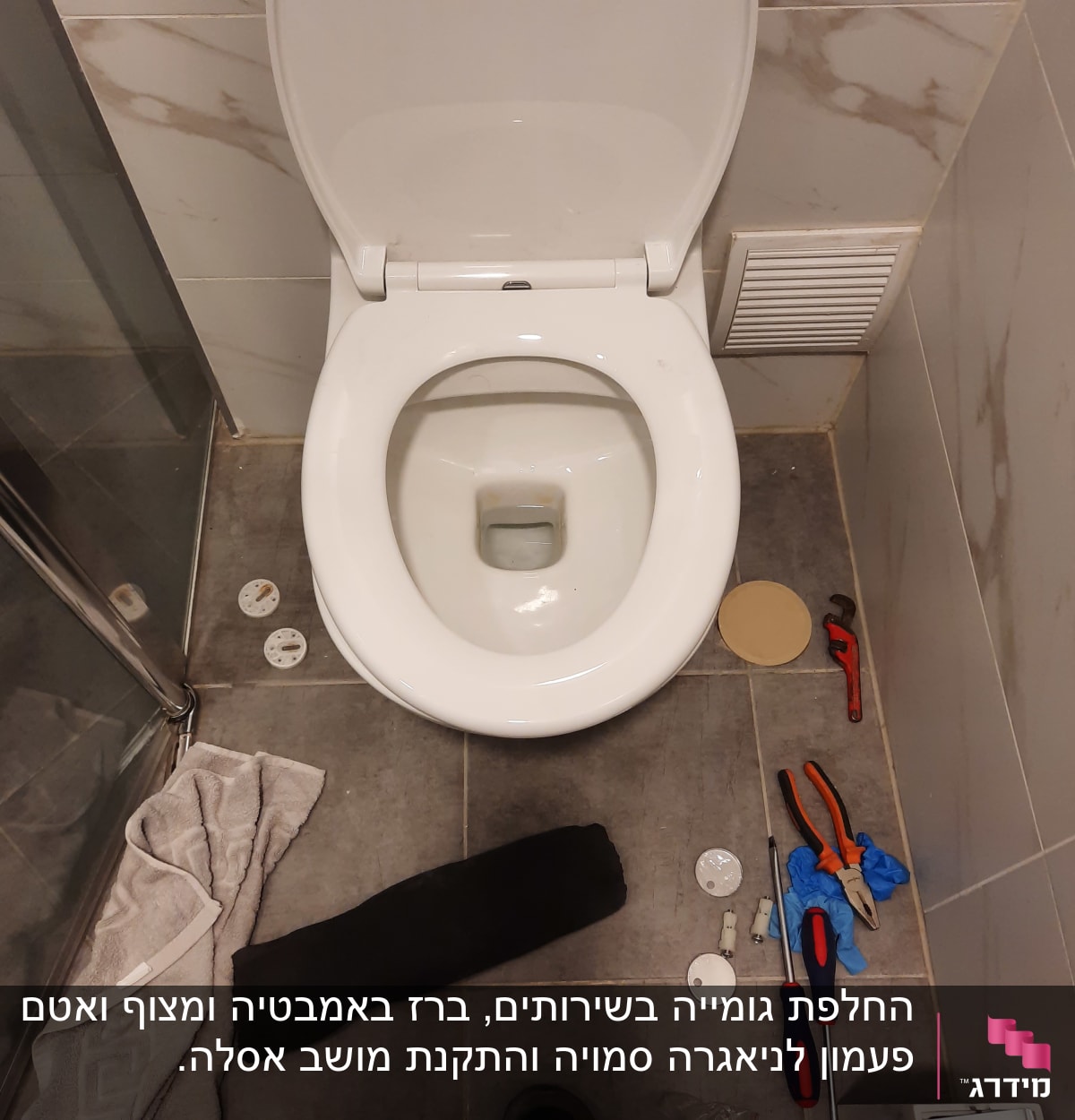כלים לתיקון שירותים, כולל מפתח צינורות ומברגים